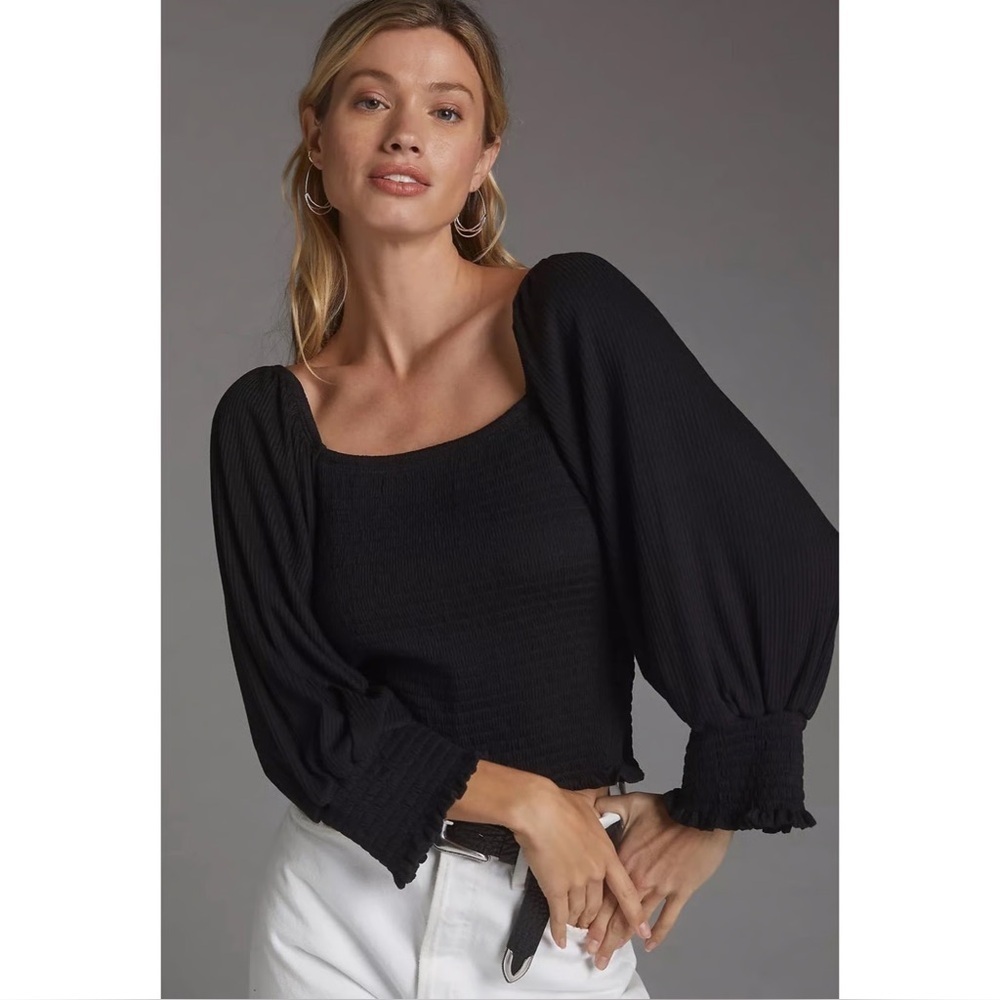 Anthropologie Smocked Puff Sleeve Black Top (Size XS)